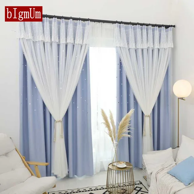 romantic double layer hollow out stars curtain kids bedroom curtains