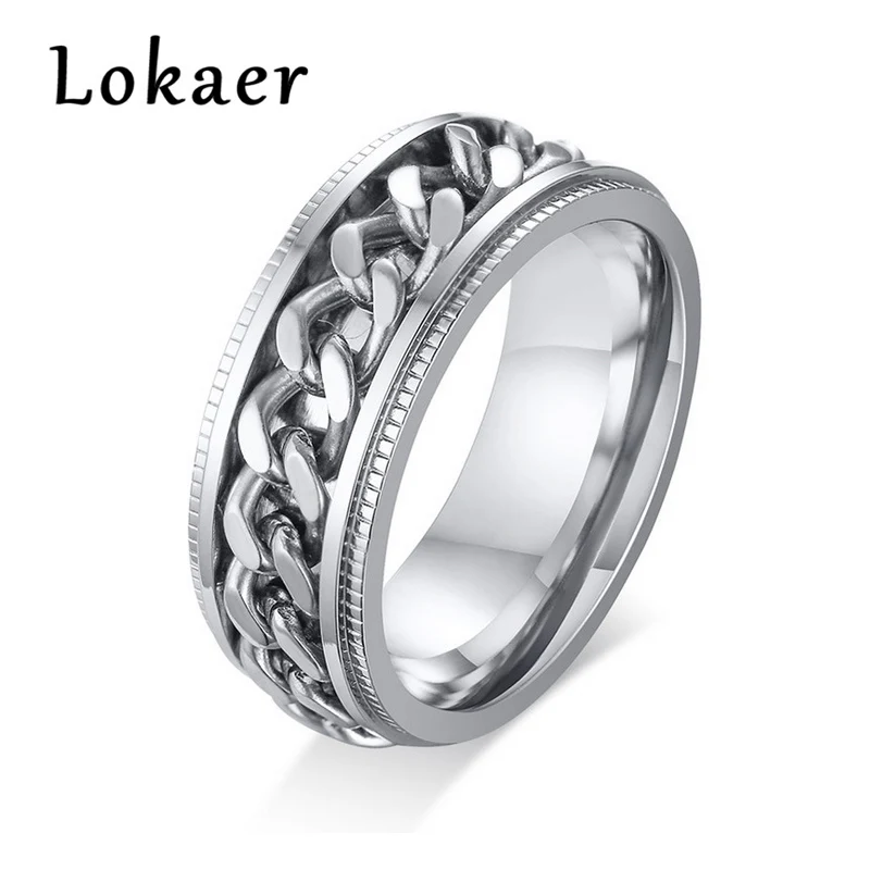 

Lokaer Hip Hop Silver Chains Men Ring Spinner Stainless Steel Meditation Wedding Bands Male Anel Aneis Punk Accessories R18103