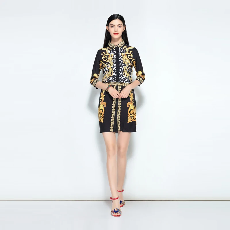 

Europe Fashion 2022 Summer New Arrival Turn-down Collar Half Sleeve Pattern Print A-Line Elegant Above Knee Dress Women