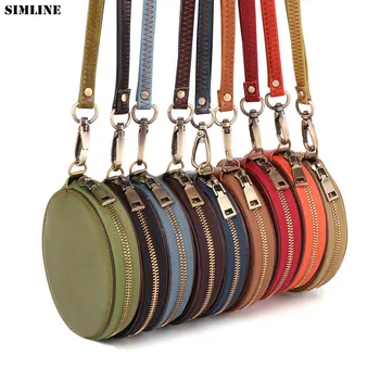 

Genuine Leather Coin Purse Bag For Women Girl Short Zipper Round Small Money Pocket Bags Card Holder Wallet With Wraist Strap
