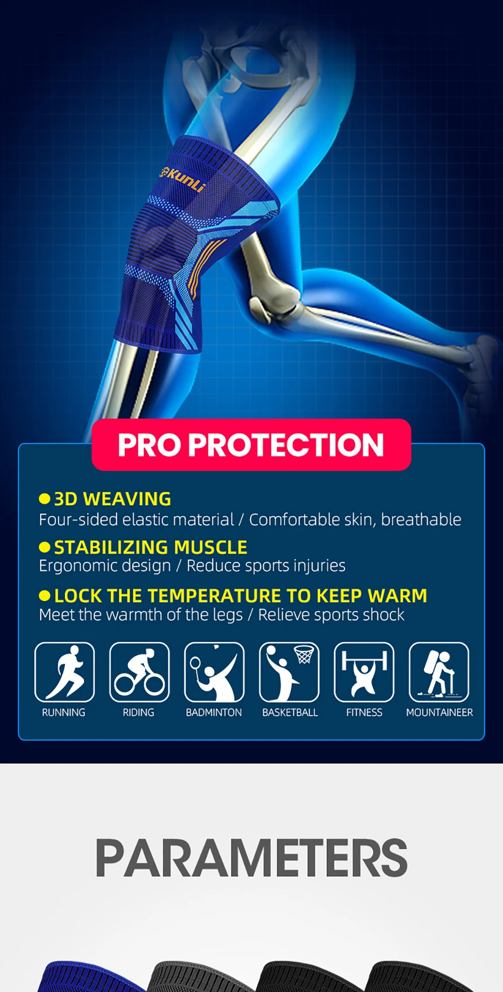 KUNLI спортивный наколенник, защитные наколенники, дышащие, теплые, эластичные, для тренировок, для баскетбола, бега, поддержка колена, защита 1 шт