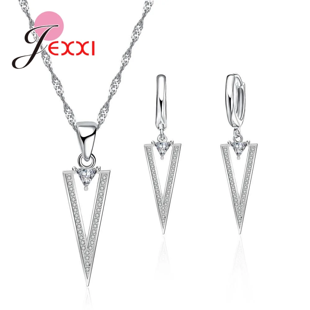 

JEXXI Triangle Shaped Female Daily Decorations Geometric Zircons Design Earrings Necklace 925 Sterling Silver Jewelry Sets