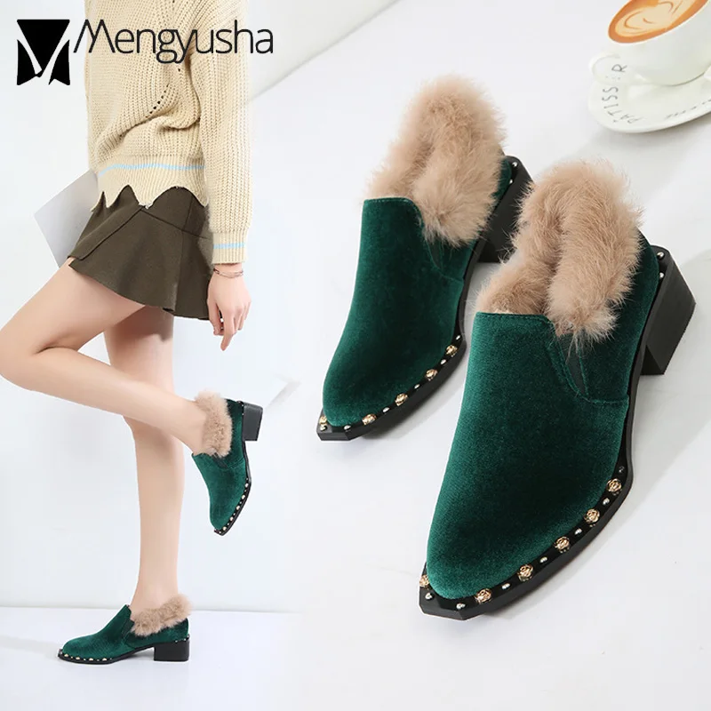 

gold rose rivets rabbit hair pumps spring autumn new luxury brand design velvet fur shoes women creepers platform shoes