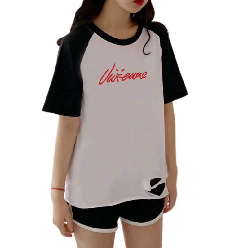 Camiseta a la moda 2019 para mujer, camiseta verano de manga corta, con cuello redondo, holgada y deshilachada, - AliExpress