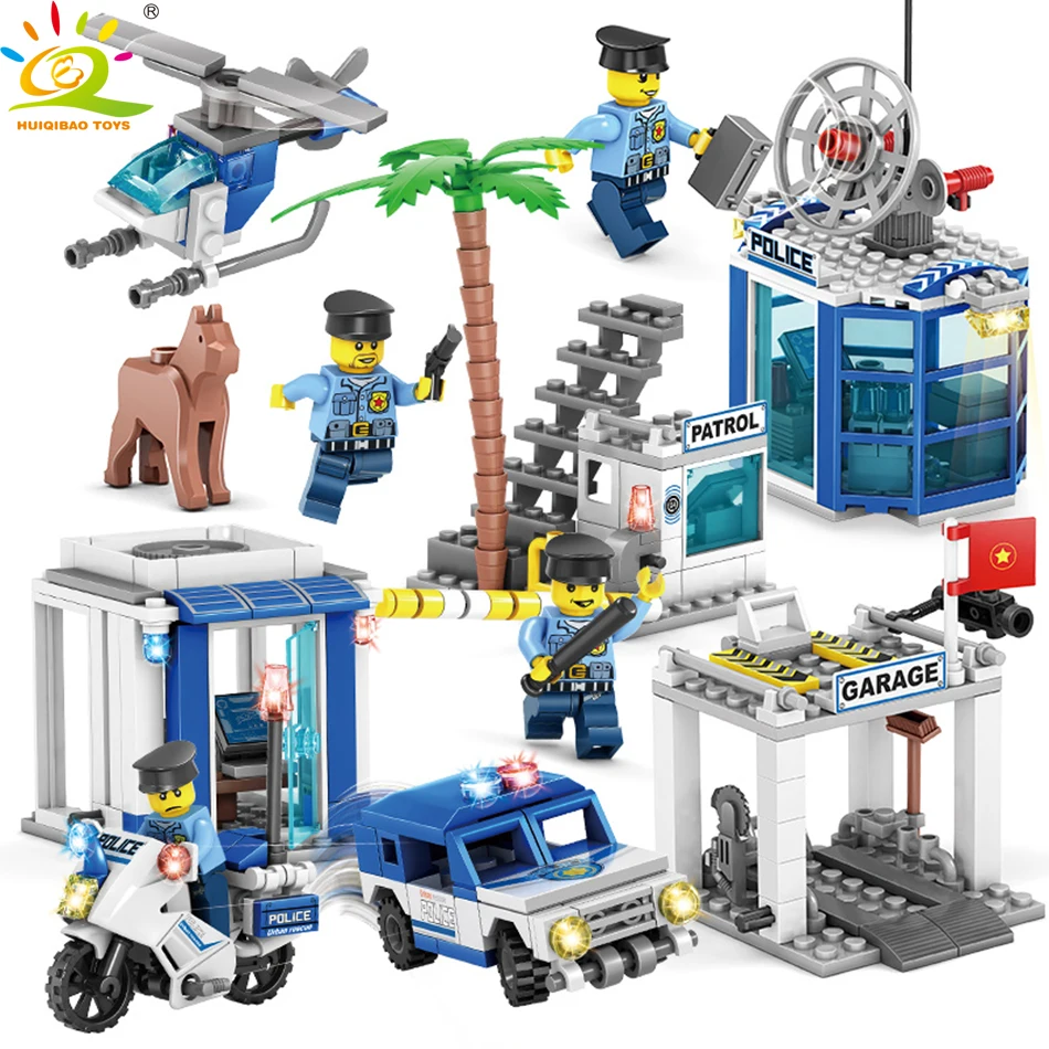 

HUIQIBAO TOYS 365pcs 4in1 Police Station Motorcycle Helicopter Building Blocks For Children Compatible Legoed City Trucks Bricks