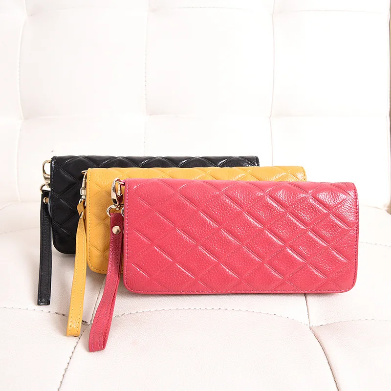 

New ladies Japanese and Korean fashion long leather genuine wallet leather rhombic trend multi-card wallet