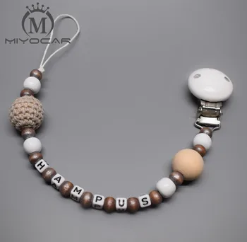 

MIYOCAR Personalised -Any name Hand made cute brown wooden crochet beads dummy clip holder pacifier clips soother chain teether