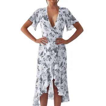 

KLV 2019 Summer Womens latest fashion V Neck Irregular Printed Beach Long Dresses Bohemian Party Dresses free shipping D4