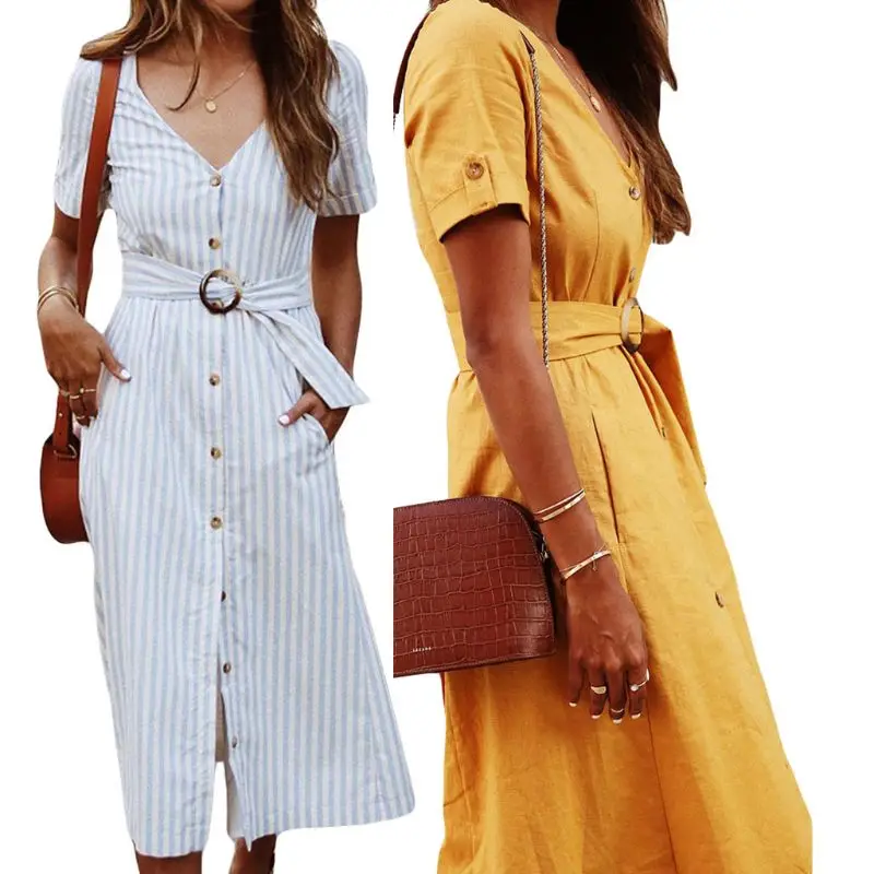 Women Ladies Summer Holiday Short Sleeve V Neck Belt Button Sundress Swing Dress Women Ladies Summer Holiday Short Sleeve V Neck Belt Button Sundress Swing Dress