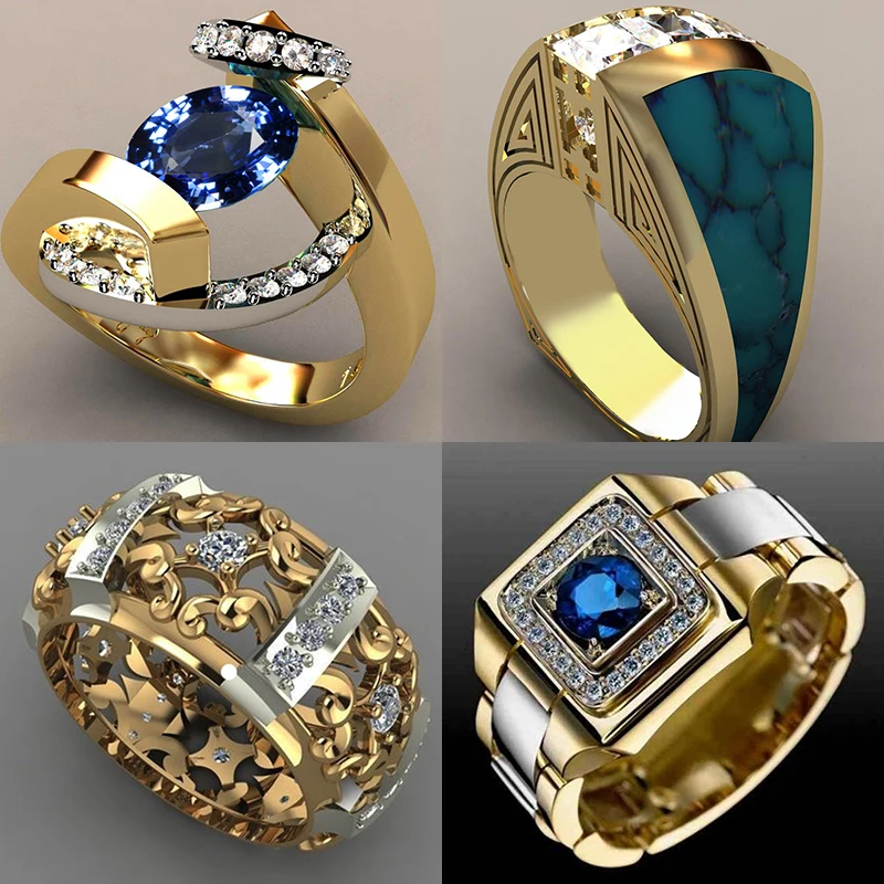 

2019 New Blue White Zircon Stone Ring Male Female Yellow Gold Wedding Band Jewelry Promise Engagement Rings For Men And Women