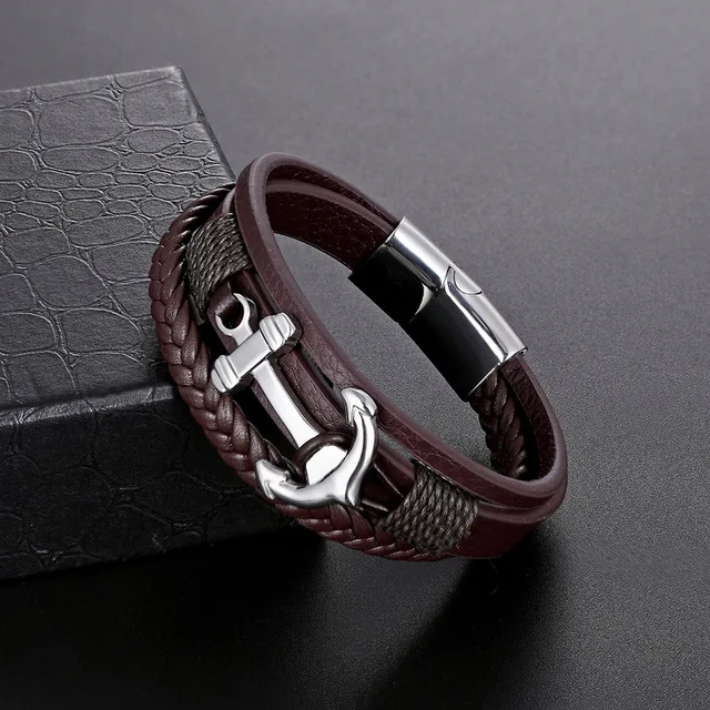 

ASB92 2018 new multi-layered man stainless steel Genuine leather bracelet ship anchor black coffee lady punk bracelet Jewelry Gi