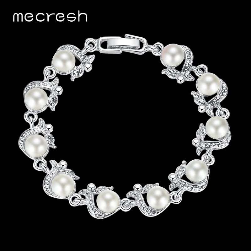 Mecresh parfaitement rond simulé perle bracelets pour femme couleur argent fait à la main mariage amitié Pulseras bijoux MSL236