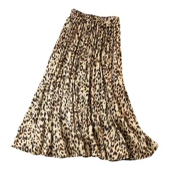 

Women Leopard Print Pleated Skirts Autumn Retro Elegant Mid Waist Big Swing Skirt Ladies Vintage Mid-Calf Sikrts