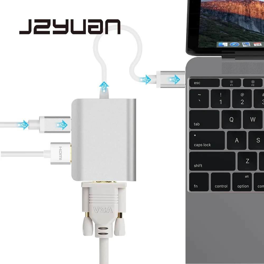 

JZYuan USB C HUB to HDMI VGA Video Splitter Converter Adapter With Type C Power Charging For Laptop DELL Macbook USB-C 3.1 HUB