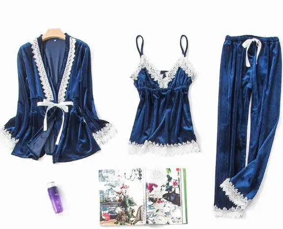 blue 3 pieces Fdfklak Высококачественная Пижама, сексуальное нижнее белье, пижамы, женская одежда для сна, Женская Осенняя зимняя Пижама, 3 штуки, бархатный пижамный комплект - Цвет: blue 3 pieces