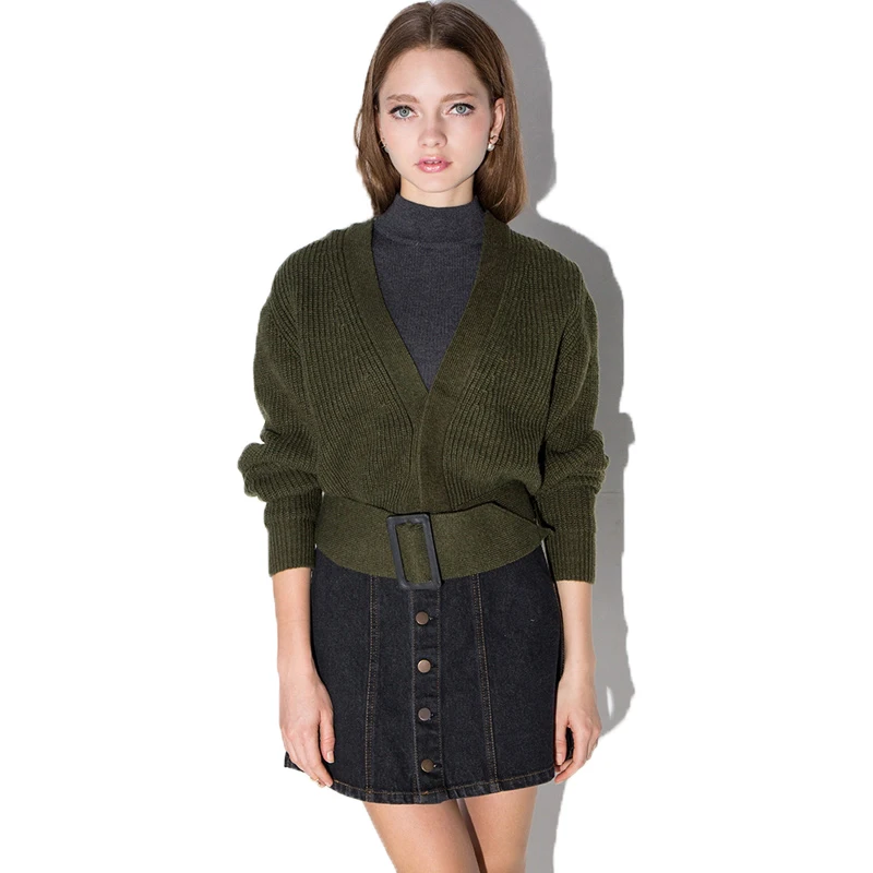  HYH HAOYIHUI 2018 Fashion Knitted Sweater Women Solid Army Green Loose Casual Belt Cardigans V-Neck