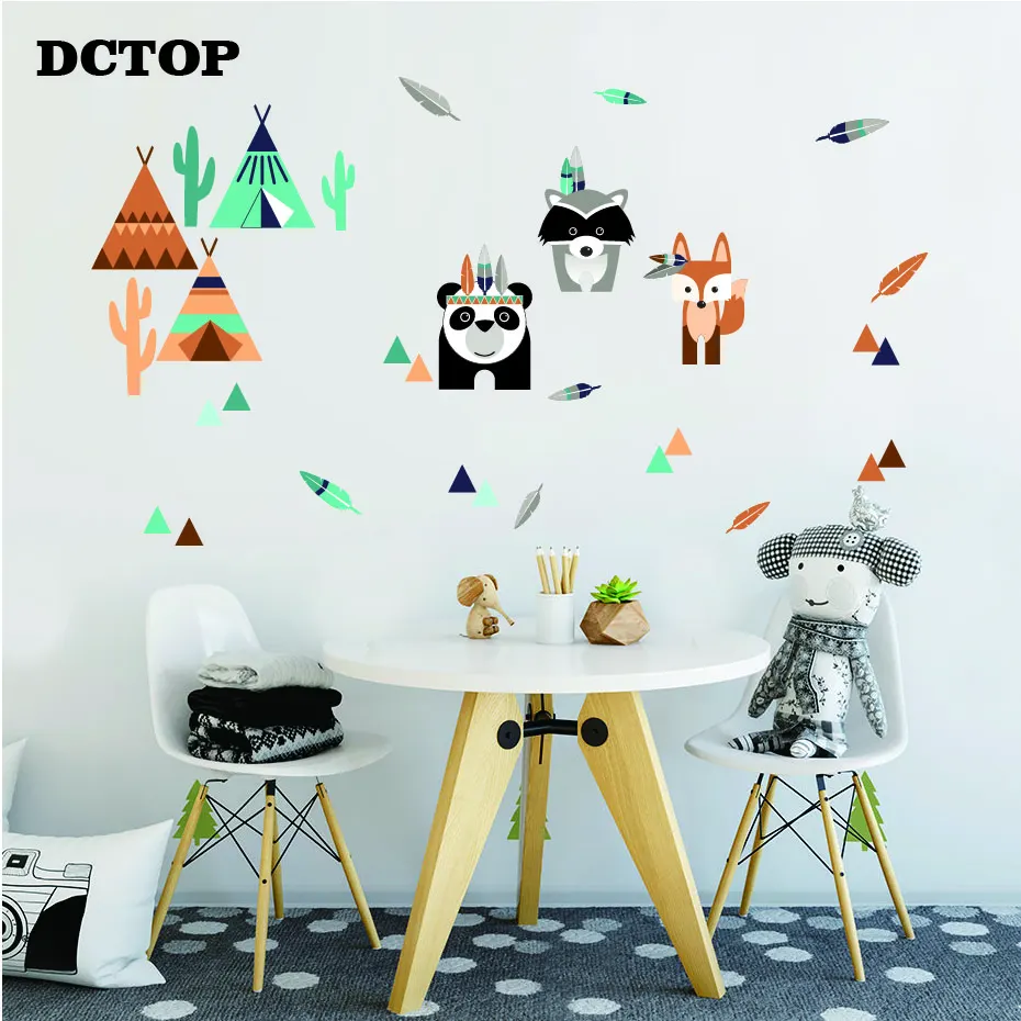 

Kids Cartoon Indian style Panda Fox Raccoon Wall Stickers Animal Tent Indian Feather Decals Nursery Living Room Home Decor Mural