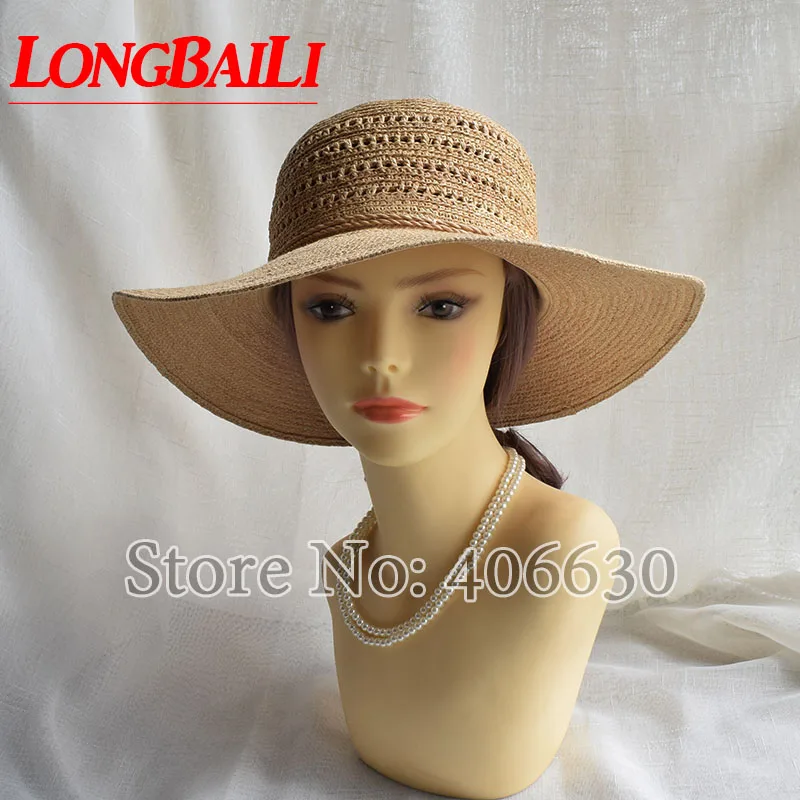 LongBaiLi Летние Элегантные 9 см широкими полями соломенные из пальмового волокна женские солнцезащитные пляжные шляпы с отверстиями Для