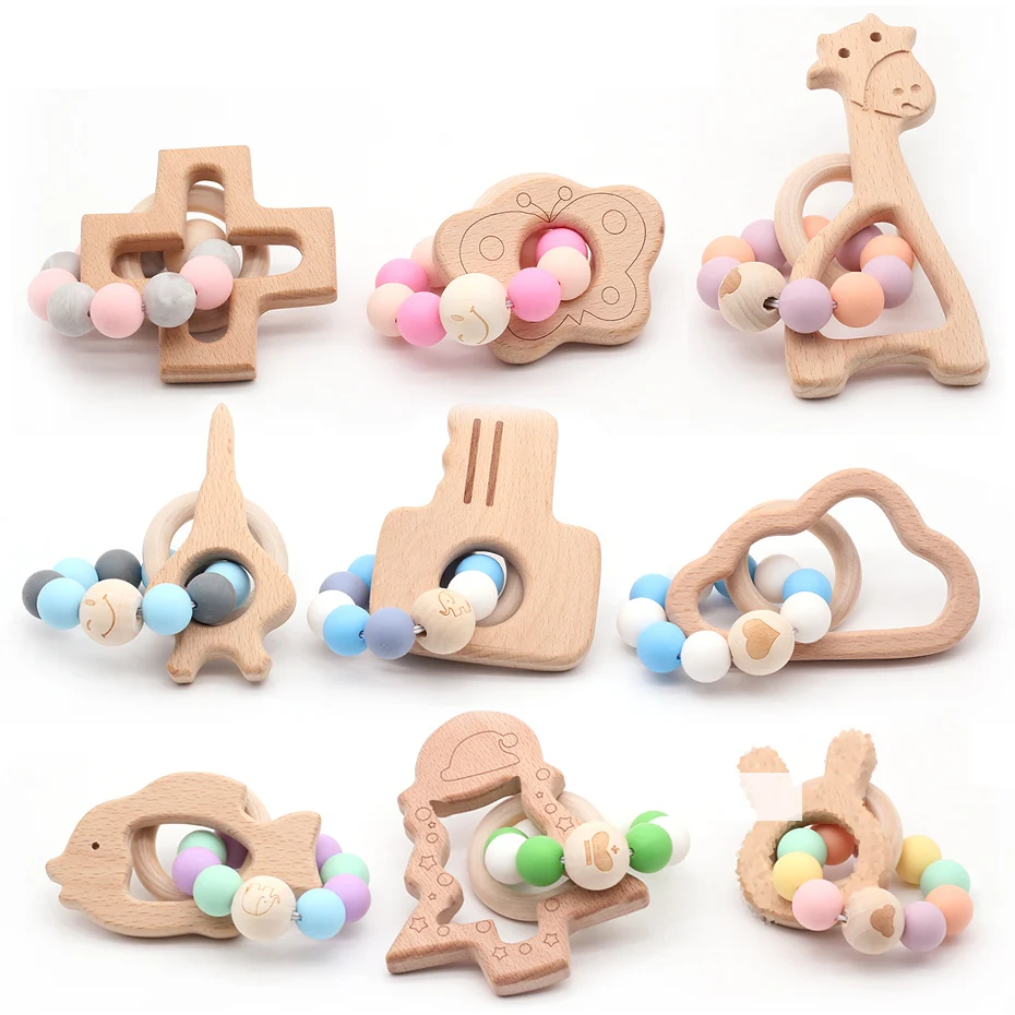 Bébé Bracelet d'allaitement en bois dentition Silicone perles dentition bois hochets poussette jouets bébé anneau de dentition Bracelets jouets d'allaitement cadeau