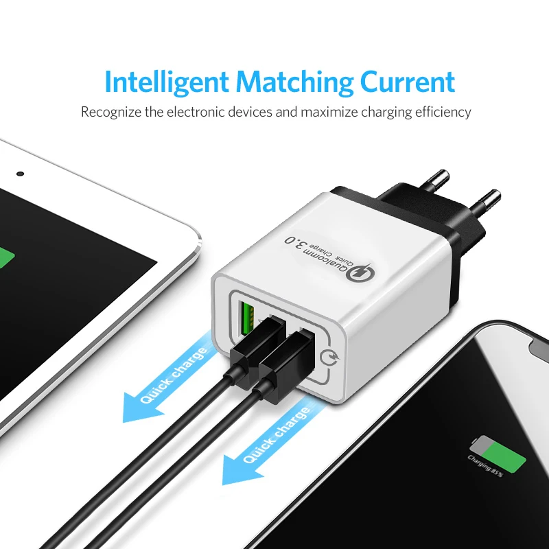 ROCK 3 Ports Quick Charger QC 3.0 USB Phone Charger Fast Charger EU Plug Mobile Phone Charger for phone for Samsung S8 S9