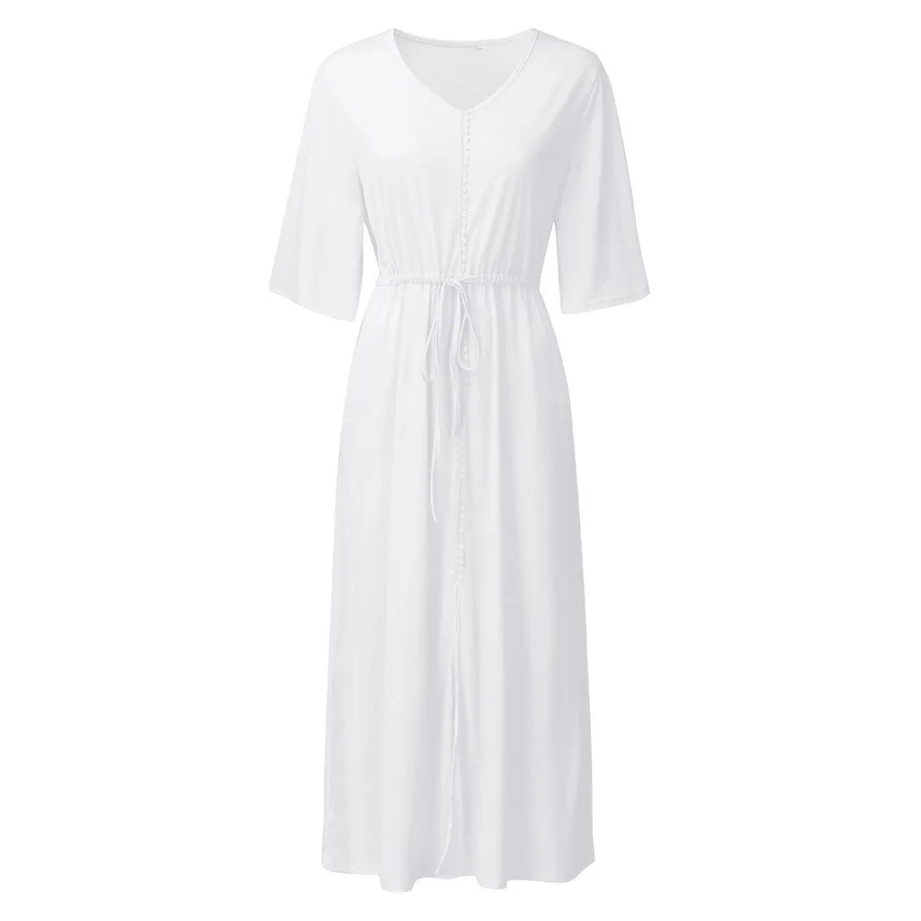 Women Casual Plus Size Tie Up Loose Fashion Button Daily Split Long Dress Beachwear Summer Sunscreen Cover Up#D
