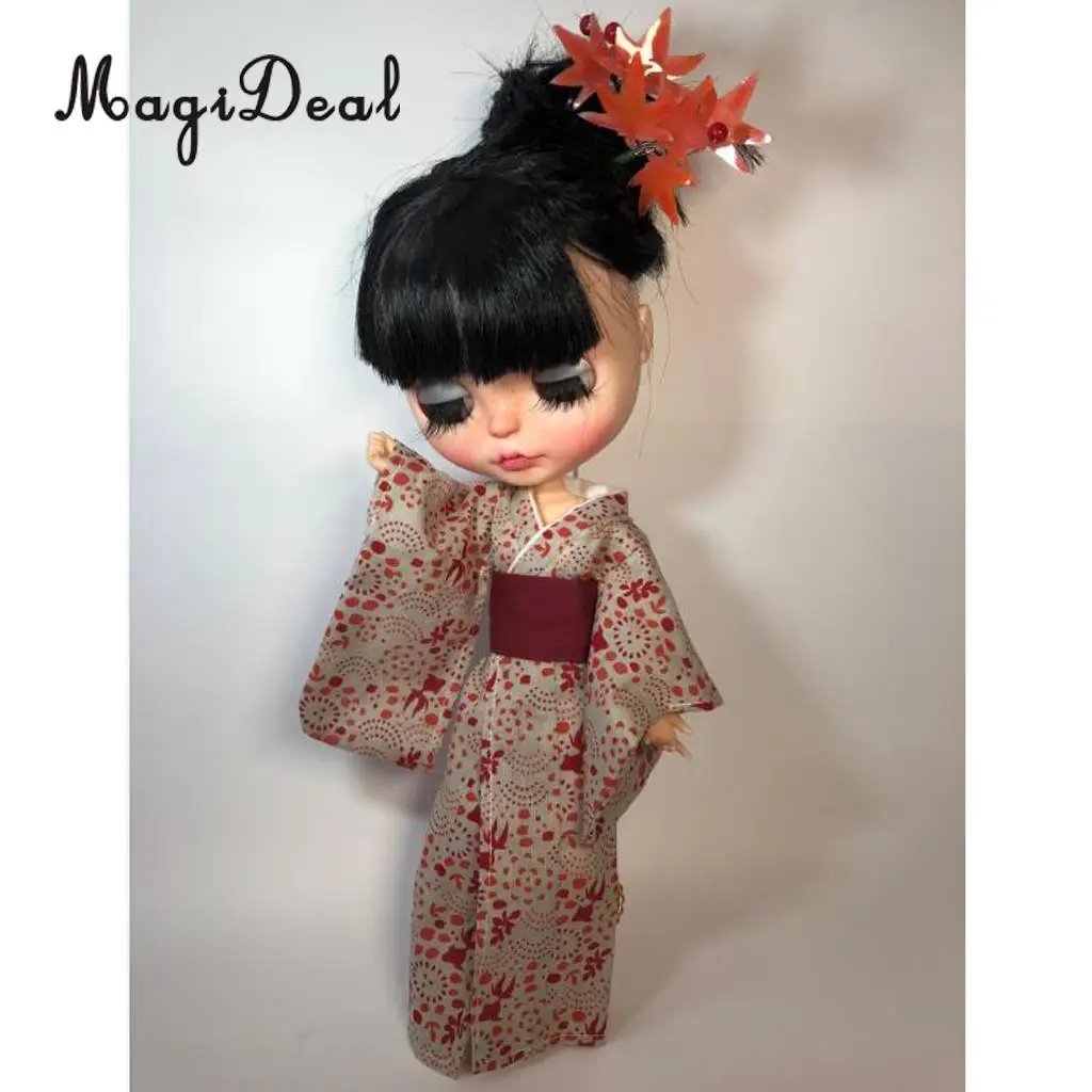 Gorgeous 1/6 Dolls Japanese Style Kimono Outfits for Blythe for BJD Dolls Accessories Blue Cherry Blossoms