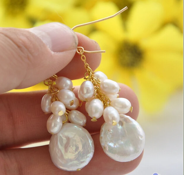 

FREE shipping>>>>P4426 14MM WHITE COIN RICE FRESHWATER PEARL DANGLE EARRING