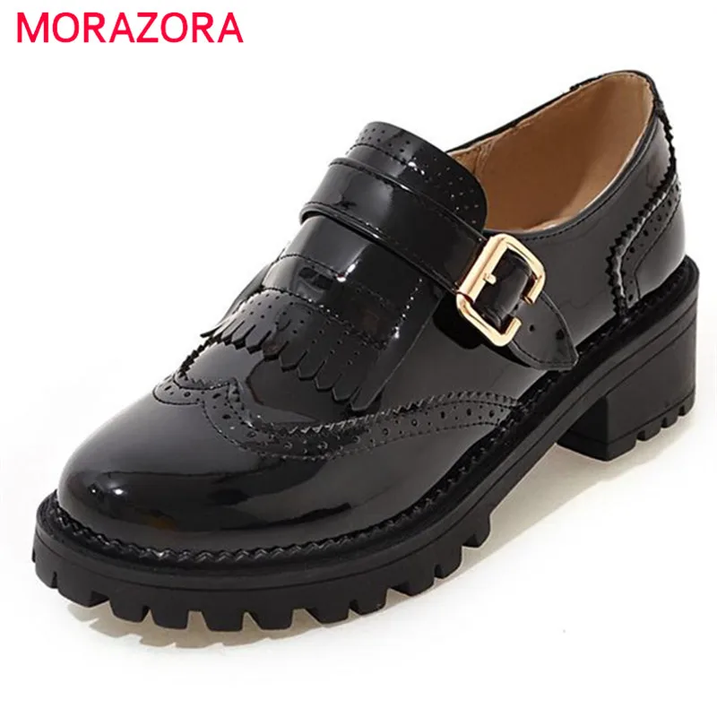 

MORAZORA 2020 New single shoes women pumps buckle PU soft leather shoes big size 34-43 med heels shoes fashion platform