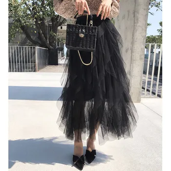 

Mishow 2019 sexy Mesh dark A-line Tiered women long-skirt summer High waist skirt solid ankle-length skirt MX19A1887