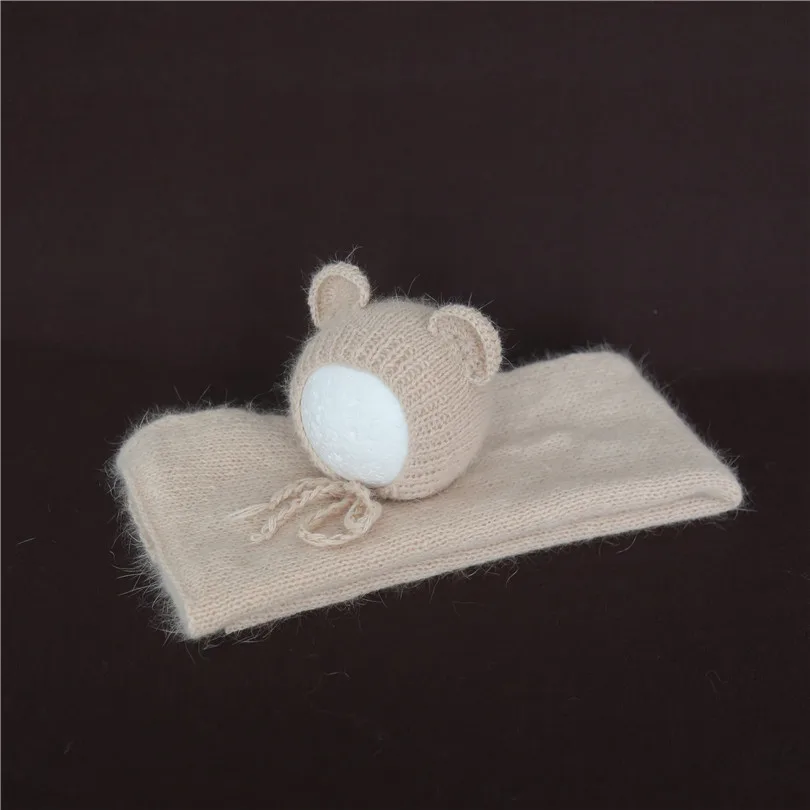 Brown Newborn Boy Angora Hat Wrap Set Bear Angora Bonnet Newborn Photography Props Knitted Teddy Bear Fluffy Baby Stretch Wrap 3