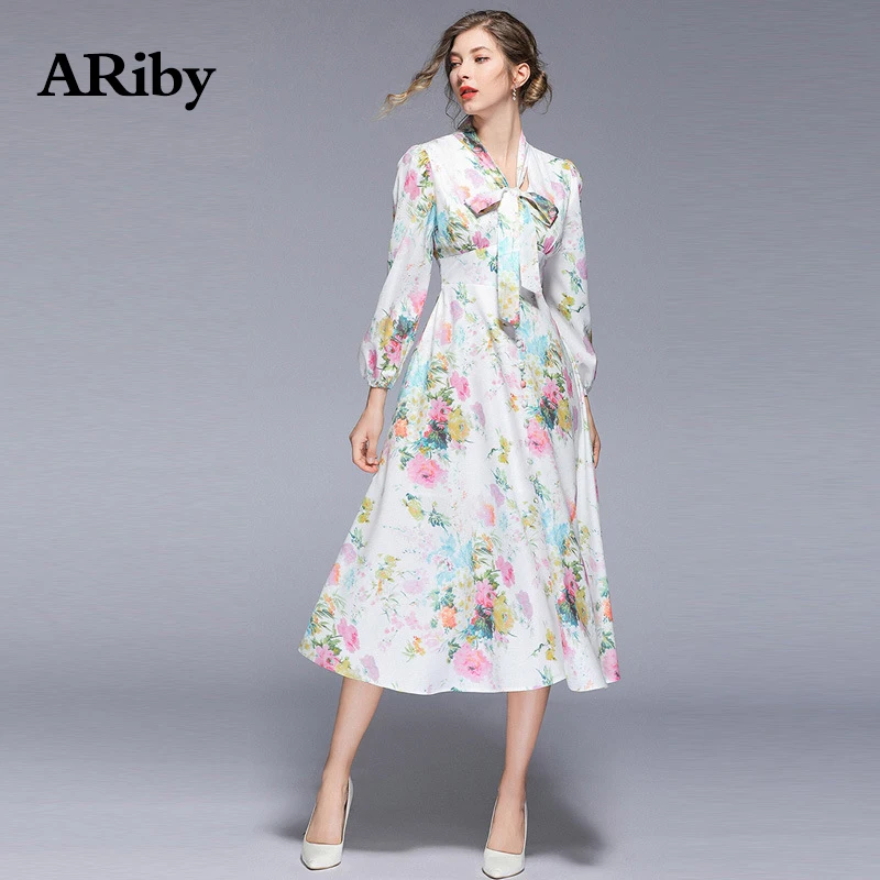 

Dress Women Maxi Long White Dress 2019 Spring Summer New Lady Beach Style V Collar Empire A-Line Printed Thin Bow Mid-Calf Dress