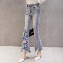 Вышитые цветочные брюки, джинсы с яркой отделкой женские весенние новые джинсы с высокой талией джинсы