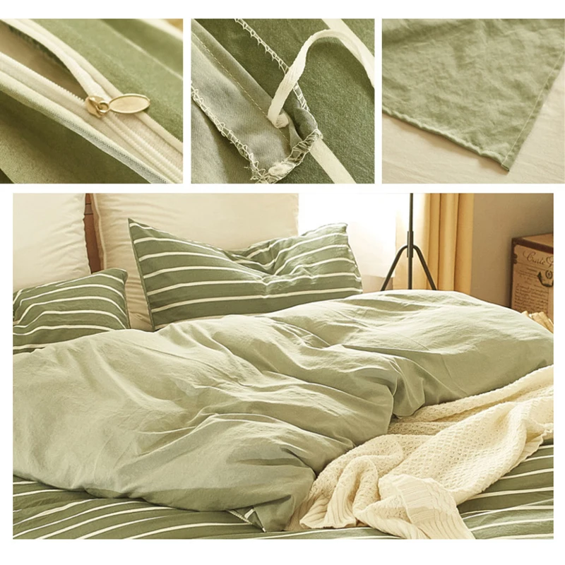 

4 pieces suit Bedding Complete Set Washed cotton Striped Simple Pattern Bed Linings Bed Sheet Pillowcases Cover Bedding Set