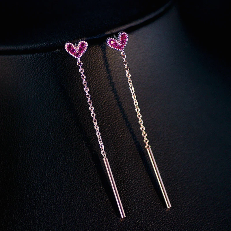 

New Arrival Rose Gold Color Love Heart Long Earrings Hight Quality Purple Cubic Zircon Ear Line Tassel Drop Earrings