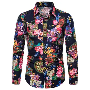 

Floral Cotton Linen Shirts Men Long-sleeved Mens dress Shirts Turn-down collar Social Blouse Men Plus size