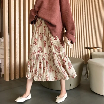 

Ladies Ruffles Floral A-line Midi Skirt 2019 Summer Apricot/Black