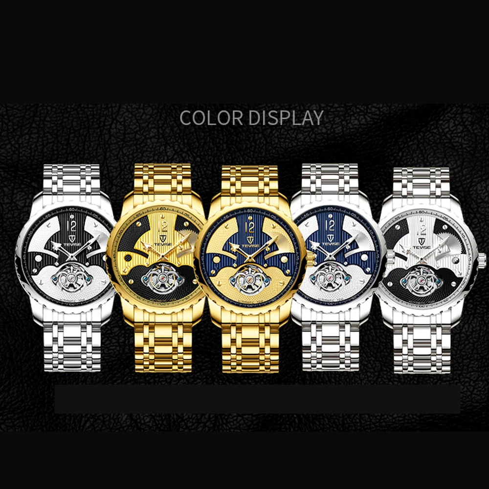 Tevise Men's Automatic Mechanical Watches Men Luxury Brand Waterproof Skeleton Tourbillon Gold Male Wristwatch Relogio Masculino