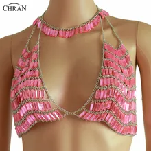 Chran Chain Halter Top Body Necklace Sexy Sequin Chain Bra Harness Festival Costume Beach Jewelry Dance Wear chran gem bead crop top chainmail rave bra black chain shoulder necklace ibiza sonar wear edm outfit body jewelry chain crn2801