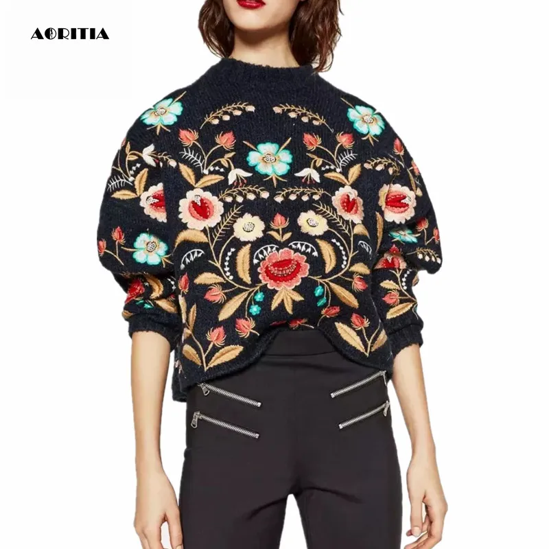2018 Women Sweater Fashion Floral Embroidery Pull Streetwear Sweaters Winter | Женская одежда