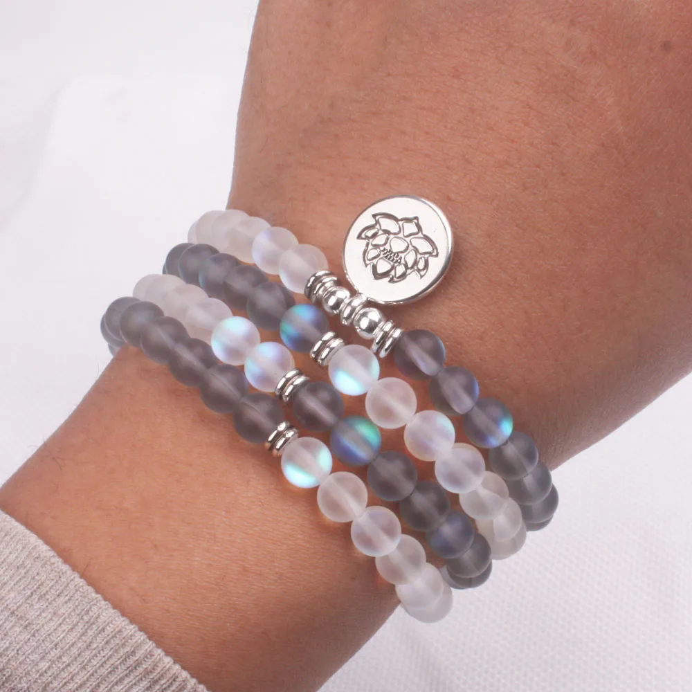 6 мм матовые сверкающие стеклянные бусины браслет для женщин 108 Медитация Мала лотос ожерелье ОМ Браслет