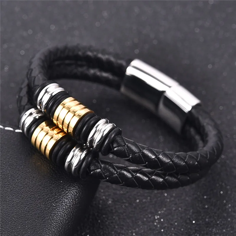 

Jiayiqi Punk Men Double Braided Leather Bracelet Stainless Steel Magnetic Clasp Fashion Bangles 18.5/20.5/22cm