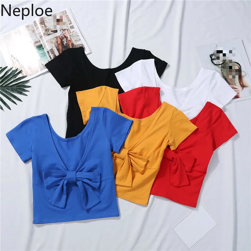 

Neploe Bowknot Hollow Out Lumbar Women T Shirts 2019 Summer Solid O-Neck Short Sleeve Tee Cotton Sexy Backless Ladies Top 45154