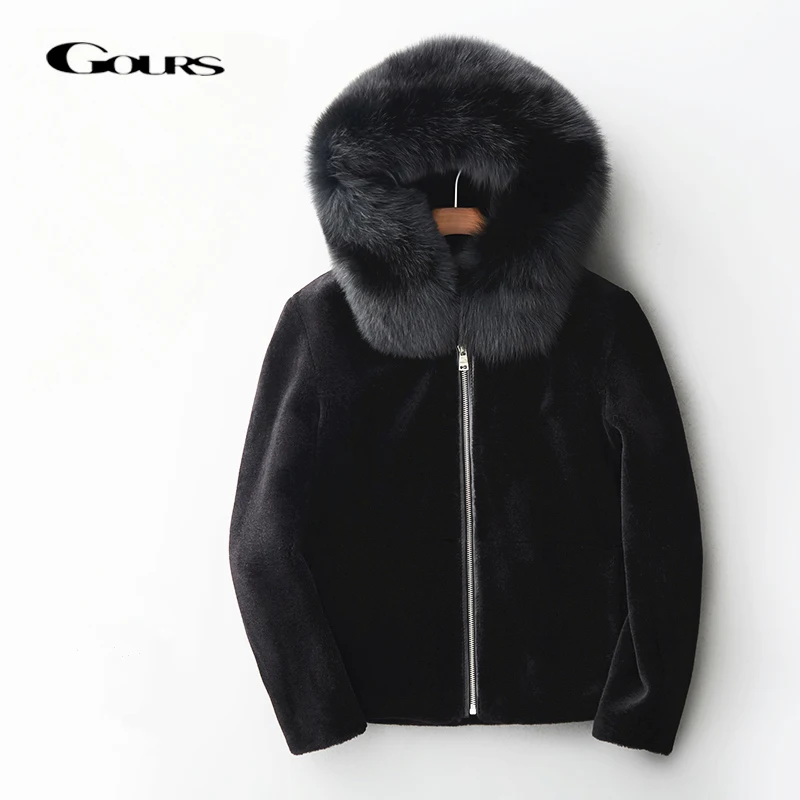 Gours Genuine Shearling Jackets Women Natural Wool Real Fur Overcoats with Fox Fur Hooded Thick Warm In Winter New Arrival 1018 Gours Genuine Shearling Jackets Women Natural Wool Real Fur Overcoats with Fox Fur Hooded Thick Warm In Winter New Arrival 1018