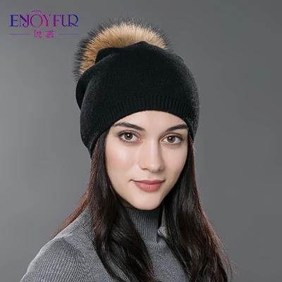 ENJOYFUR Winter women real fur pom pom hats wool knitted thick warm lined beanies hat lady fashion bobble ski caps