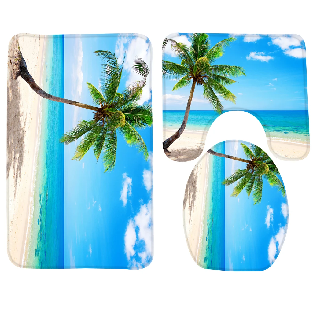Buy 3PCS Bathroom Mat Set Beach Palm Blue Beach Sea