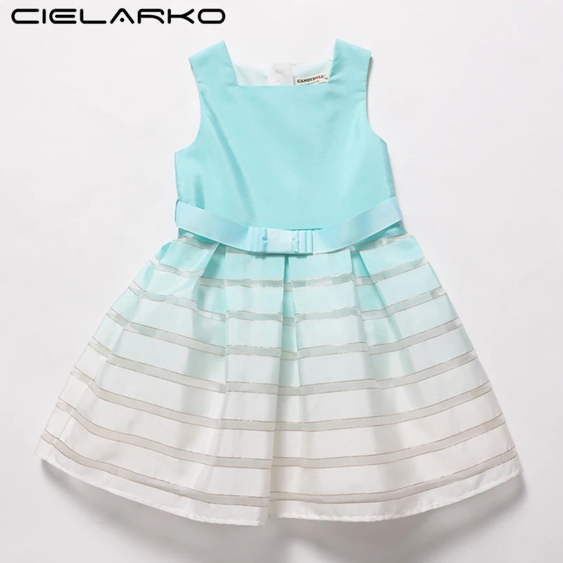 

Cielarko Girls Striped Dress Elegant Gradient Blue Kids Summer Dresses Sleeveless Fancy Frock for Children Party Design Vestidos