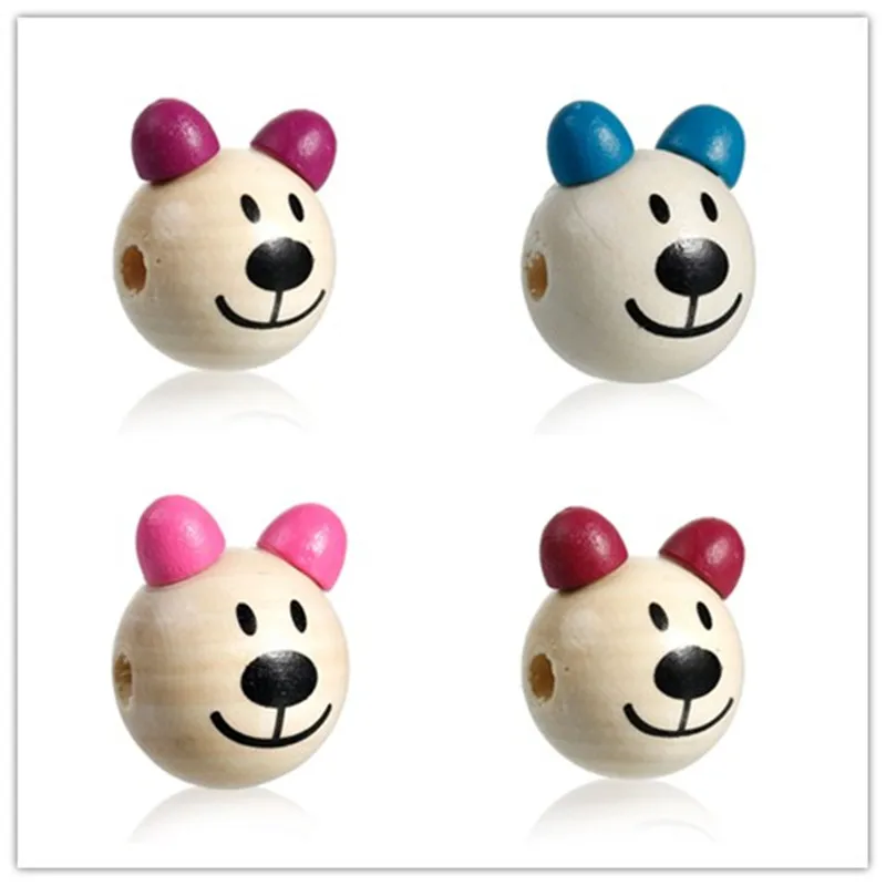 New Arrival Natural Color Wood Beads Red Pink Blue Purple Ears 3D Smiley Bear 3x2.4cm-28x24mm 5 Pieces Dorabeads Jewelry