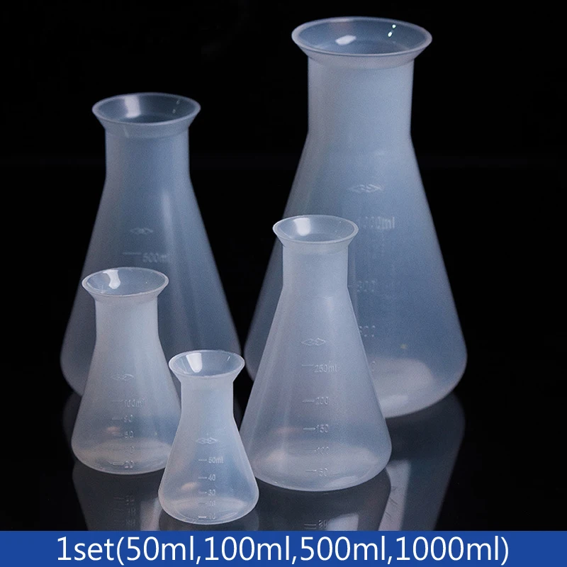 

4pcs/set Plastic conical flask Measuring Triangle flask Wide mouth plastic shaker laboratory Kitchen (50ml,100ml,500ml,1000ml)