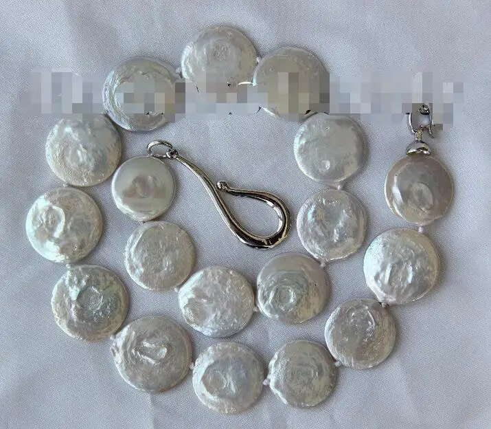 

Free shipping hot sale Women Bridal Wedding Jewelry >>stunning big 22mm round coin white freshwater cultured pearl necklace