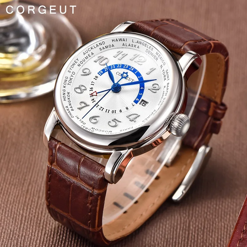 Corgeut الفاخرة العلامة التجارية الميكانيكية ووتش الأزياء جاكيت جلدي المزدوج المنطقة الزمنية بتوقيت جرينتش التلقائية ووتش رجال جلدية الميكاني...
